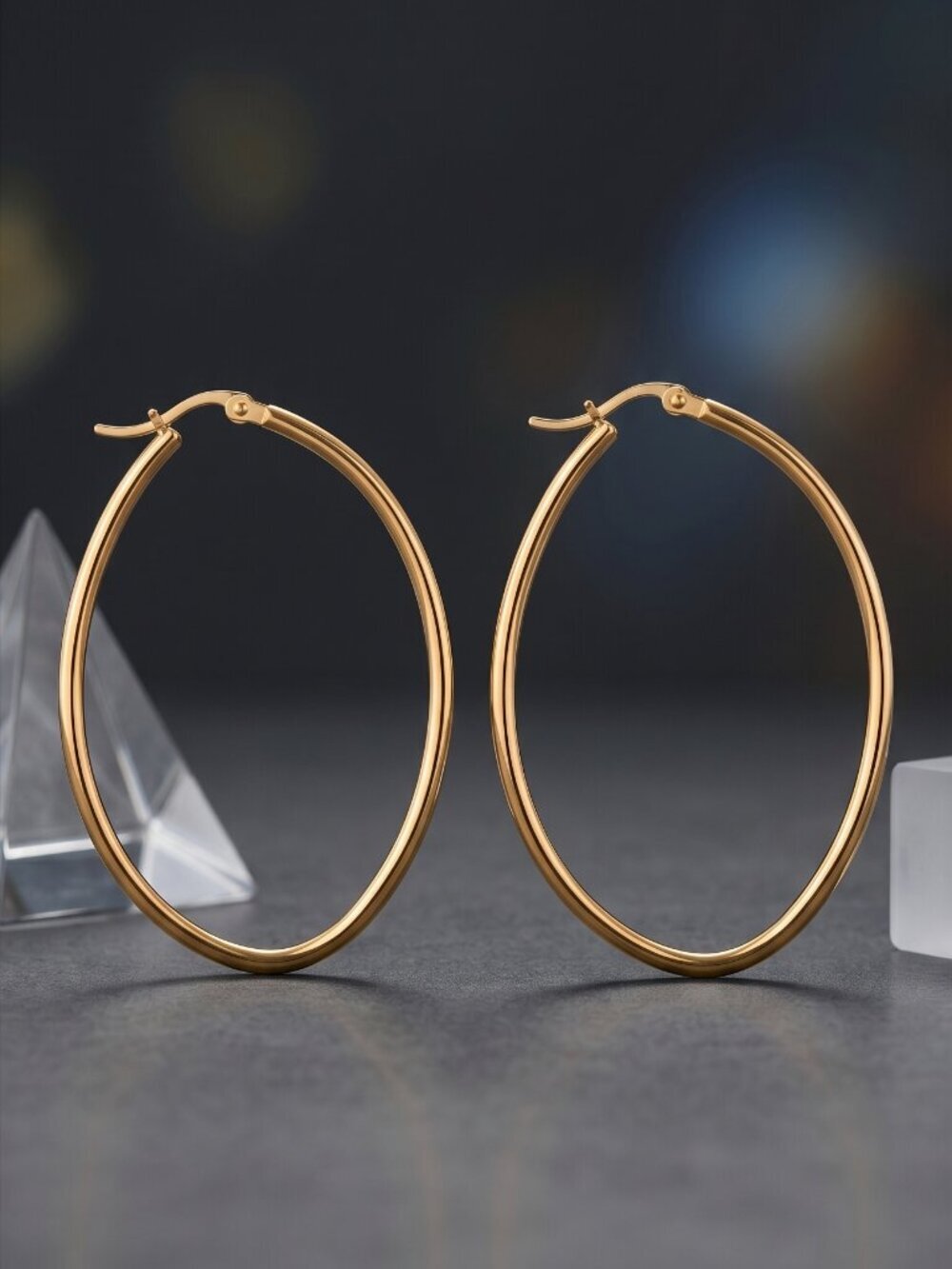 Gold Oval Hoop Earrings Large 18K Plated Stainless Steel Minimalist 2.25" - Picture 10 of 16